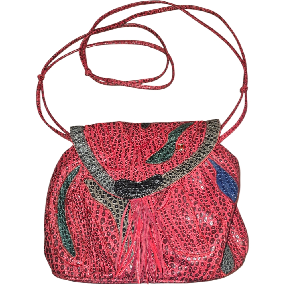Nas Bag Vintage Red Leather Crossbody Purse Fringe Abstract Patchwork